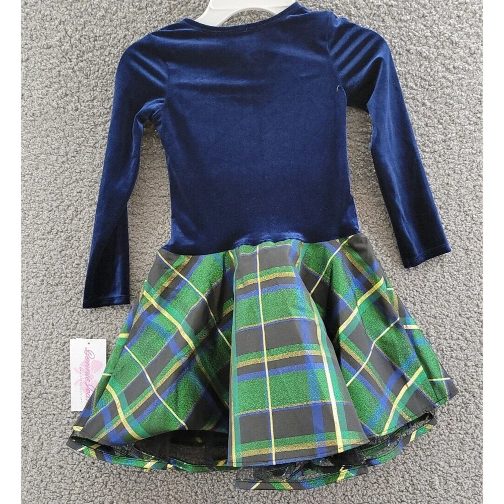 BONNIE JEAN Long Sleeved Velvet Bodice Dress Girl's 5 Navy/ Green w/ Bow - Picture 11 of 15